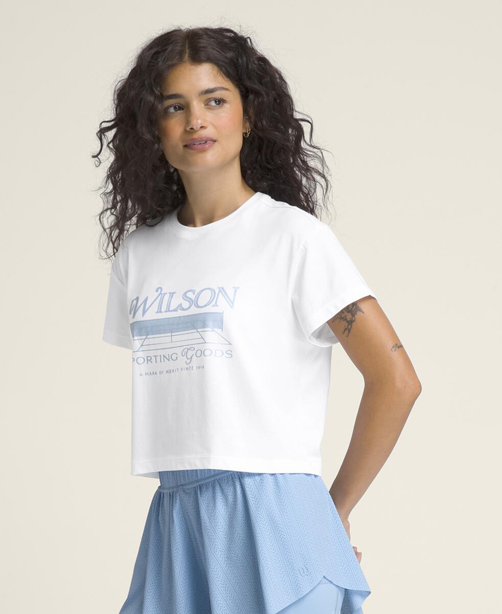 Wilson 薄い燻んだブルーのテニスクロップドTシャツ＆スコート WW00367531WTA_8_HARPER_CROP_TE