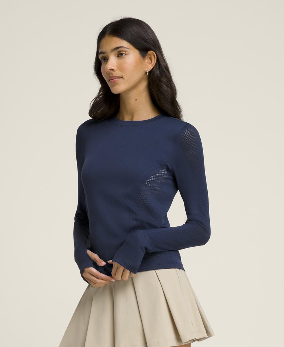 プロシームレス ロングスリーブ Tシャツ - クラシックネイビー ピンストライプ